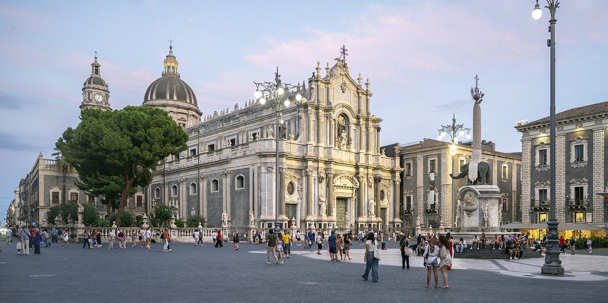 View of Piazza del Duomo in Catania with the Elephant Fountain