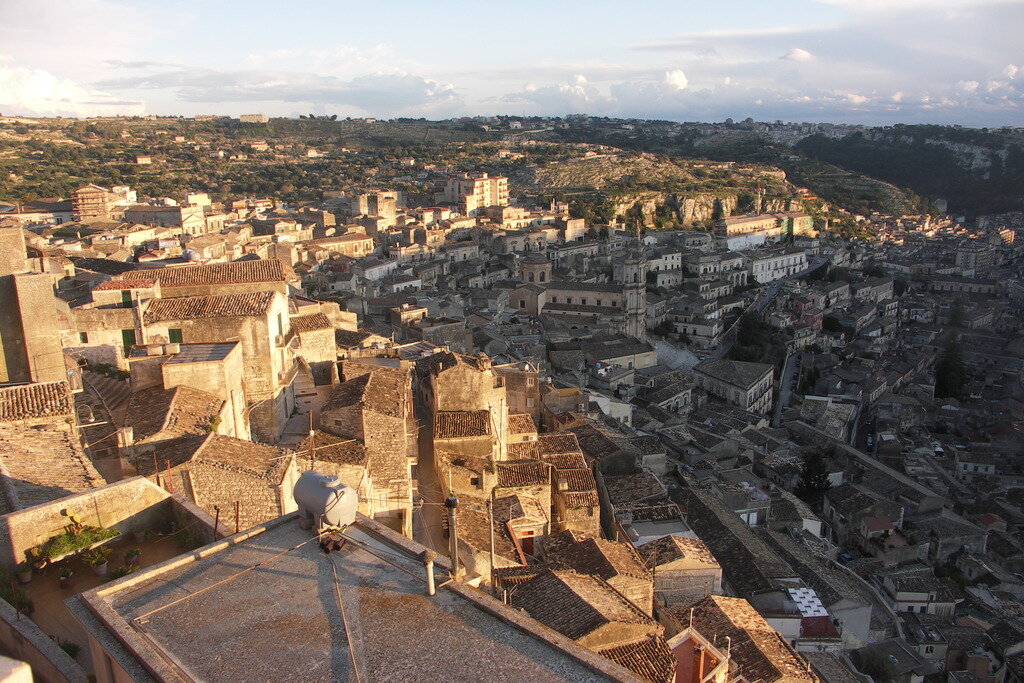 The baroque old town of Modica perched on the hillside