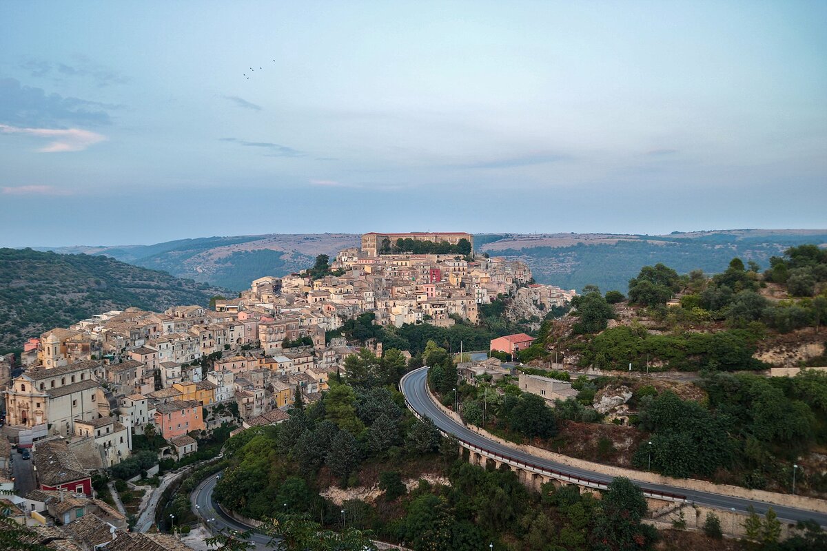 Ragusa Ibla at dusk with the dome of San Giorgio cathedral